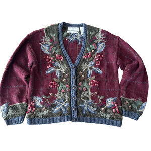 Robert Scott Ltd Handknit Vintage Floral Berry Buttondown Cardigan Sweater Small